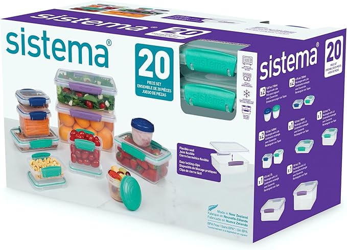 Sistema 20-Piece Food Storage Containers with Lids and Salad Dressing and Condiment Containers, Dishwasher Safe, Color May Vary