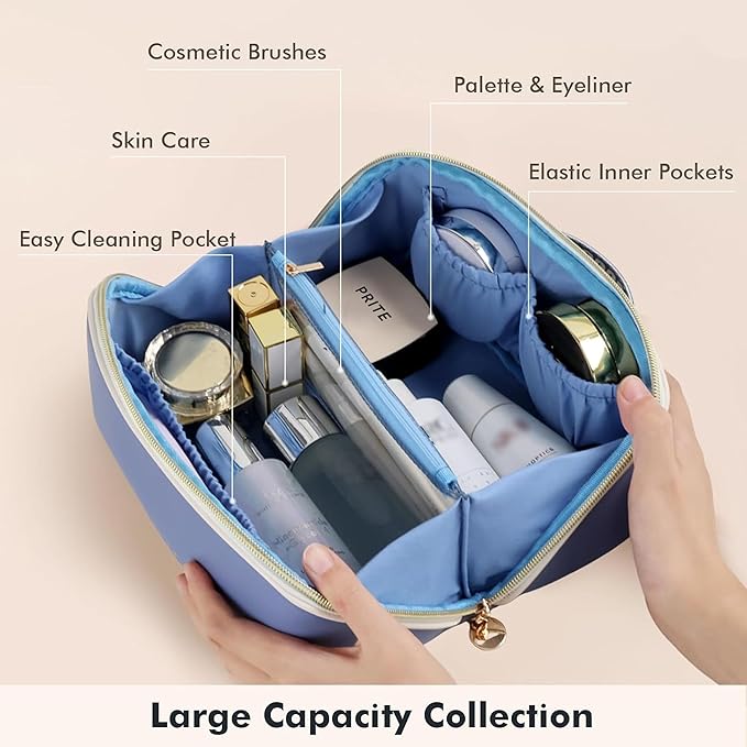 Prite Makeup Bag for Women Travel Waterproof Vegan Leather Cosmetic Bag Open Flat Toiletry Bag With Clear Divider and Handle (Blue, Medium)