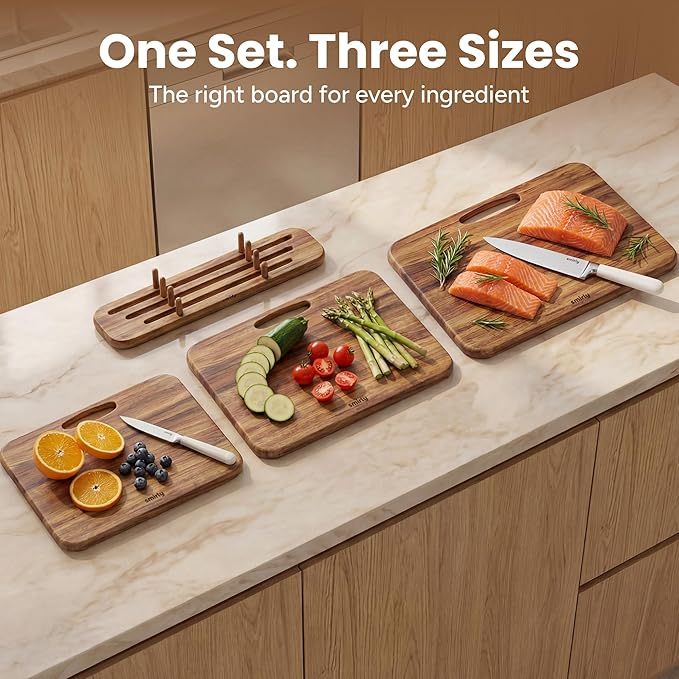 SMIRLY Wooden Cutting Boards for Kitchen, Double-Sided Cutting Board with Handle, Heavy Duty Solid Acacia Wood Cutting Board Set with Stand, 3 Pcs Cutting Boards Non Toxic for Meat Vegetable Fruit
