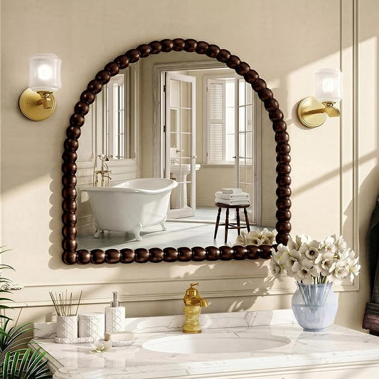 31"×32" Brown Arched Bathroom Vanity Mirror, Vintage Beaded Decorative Wall Mounted Makeup Mirror, as Wall Decor Hanging Leaning for Fireplace Mantle, Living Room, Bedroom, Vanity Area