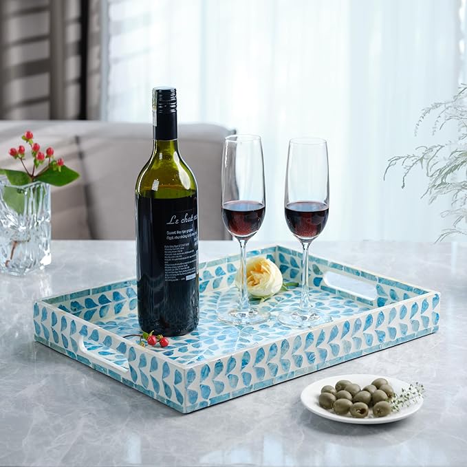 PEMAR Rectangular Mother of Pearl Serving Tray Nacre Wood Lap Ottoman Tray for Coffee Table, Luxury Decorative Handmade Eating Platters w Insert Handles (Teal Floral Pattern)