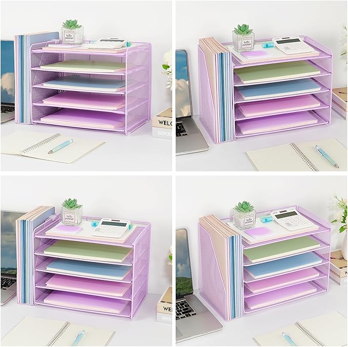 OPNICE Desk Organizer, 5-Tier Paper Organizer Letter Tray with Magazine Holder, Office Desk Accessories & Workspace Organizers, Desktop File Organizer for Office Supplies Storage, Purple