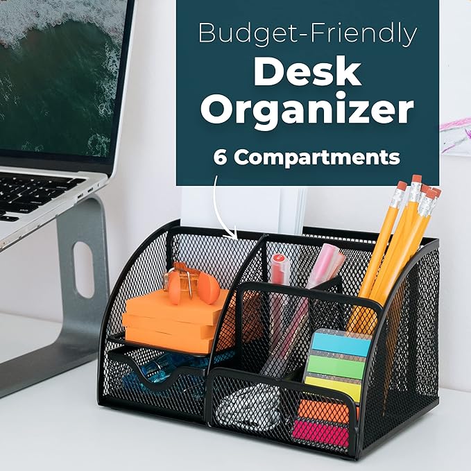 Greenco Mesh Desk Organizer Office & Dorm Room Supplies Caddy, 6 Compartments, Small Black Desk Organizer for Pen, Pencil, Small Office Supplies and Stationary Accessories Storage Organization