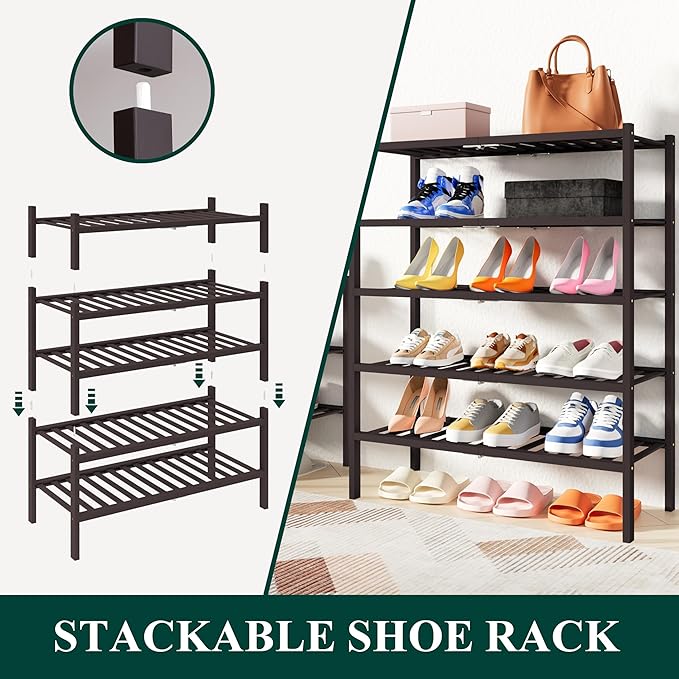 Smiry Bamboo Shoe Rack, 2 Tier Free Standing Wooden Shoe Organizer, Stackable Wood Shoe Storage Shelf for Closet, Entryway, 14 Vertical Slats, One-piece Heavy-Duty Legs, 26.8"x11"x13", Brown