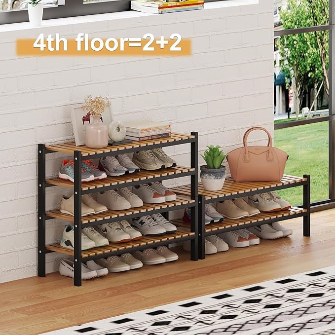 Bamboo Shoe Rack Organizer for Closet and Entryway - Space-Saving Narrow Shoe Stand - Versatile Shoe Holder for Door or Closet Shelf, Garage Bedroom can Freely Stack DIY Small Shoe Racks 2 Tier