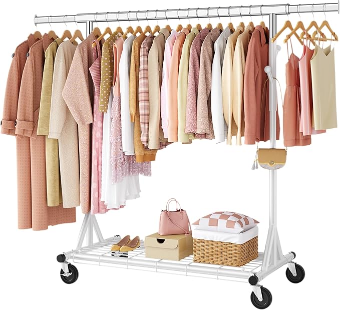 FAVOOSTY Heavy Duty Clothes Rack for Hanging Clothes, Rolling & Extending Clothing Rack with Wheels, Garment Coat Rack Freestanding, Portable Clothes Rack, White