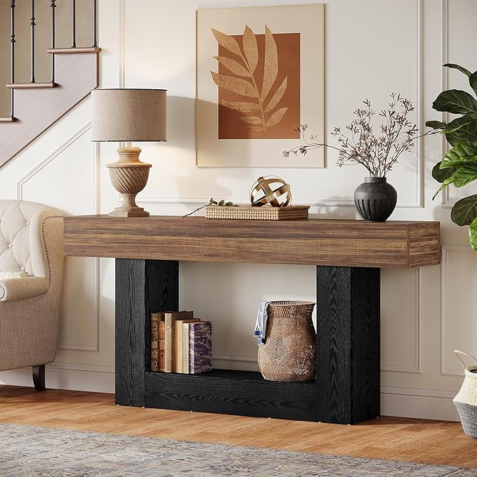 Tribesigns 63-Inch Long Console Table, 2-Tier Entryway Table Sofa Table with Storage, Farmhouse Wood Behind Couch Table for Living Room, Hallway, Rustic Brown & Black