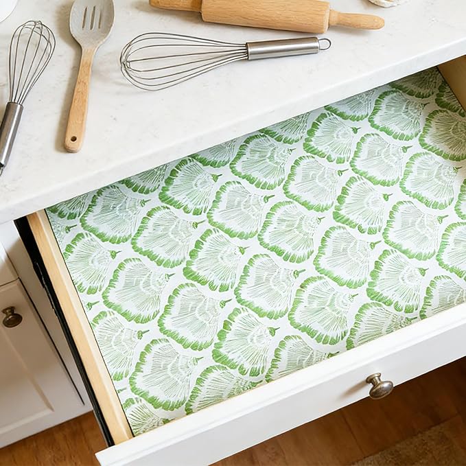 Drawer and Shelf Liner - Green Banana Leaf Pattern,Non Adhesive Non Slip Waterproof Easy-Clean Liner for Kitchen Cabinet, Refrigerator, Bathroom, Pantry Storage Drawers, 17 in x 20 Ft.