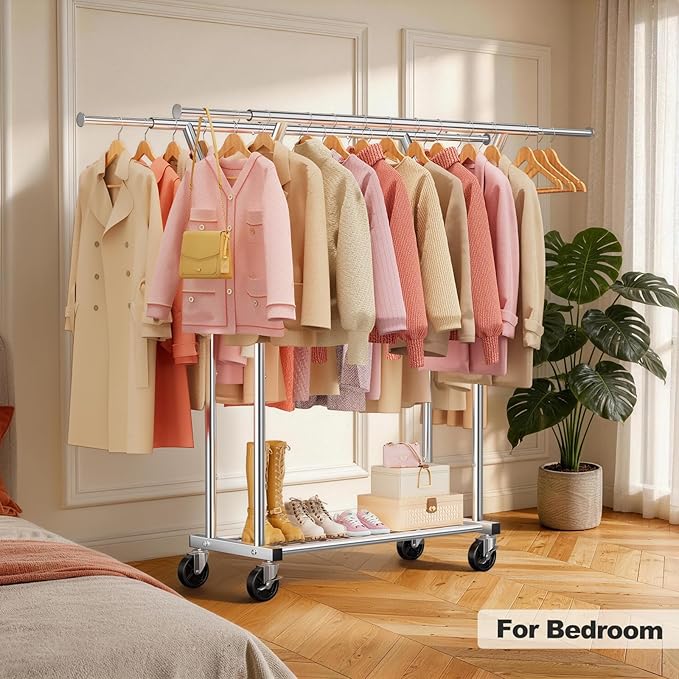 Heavy Duty Clothes Rack - Load 620 LBS, Rolling Clothing Rack for Hanging Clothes with Lockable Wheels & Shelves, Extendable Double Rod Garment Rack for Bedroom, Laundry, Living Room, Silver