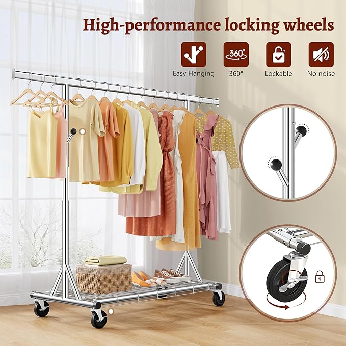 FAVOOSTY Heavy Duty Clothes Rack Load 450 LBS, Rollong Clothing Rack for hanging Clothes with Shelves, Freestanding Garment Rack, Portable Wardrobe Closet Rack for Laundry Room Bedroom, Silver