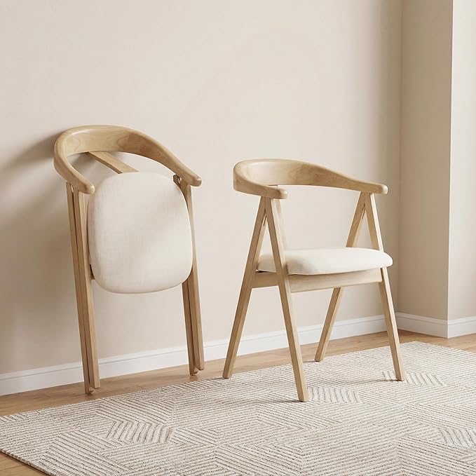 HNY Wooden Folding Chair with Cushion Set of 2, Linen Foldable Dining Chairs Folding Event Chair, Portable Space-Saving Accent Chair with Armrests for Kitchen Dining Living Room Small Spaces, Beige