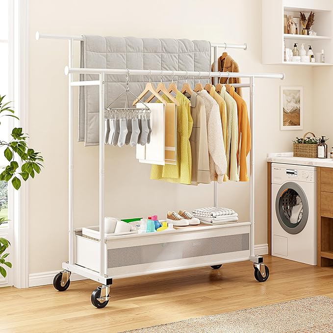 Clothes Rack Clothing Racks for Hanging Clothes, Rolling Clothes Rack Portable Clothing Rack, Double rod clothing rack with Storage Basket, Garment rack for Bedroom, Laundry Room, White