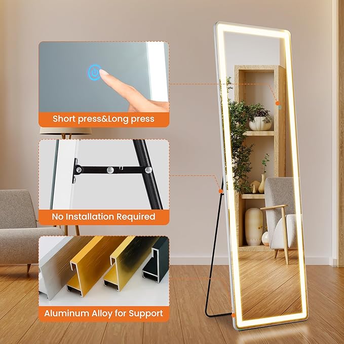 NEWBULIG 60"x16" Full Length Mirror with Light, 3 Color Lighting Full Body Floor Mirror with Aluminum Alloy Thin Frame, Wall or Standing Mirror for Bedroom, Living Room, Dressing Room, White