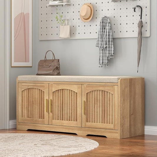 39.4" Shoe Storage Bench with Seating Cushion, Fluted 2-Tier Entryway Bench with 3 Doors & Adjustable Shelves, Shoe Cabinet Bench for Entryway, Hallway, Bedroom and Living Room (Natural)