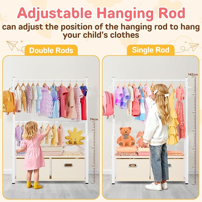 Kids Clothes Rack with 2 Tier Storage Racks and 2 Adjustable Hanging Poles, Small Baby Closet Organizer for Hanging Clothes, Kids Dress-Up Rack (Upgrad, White)