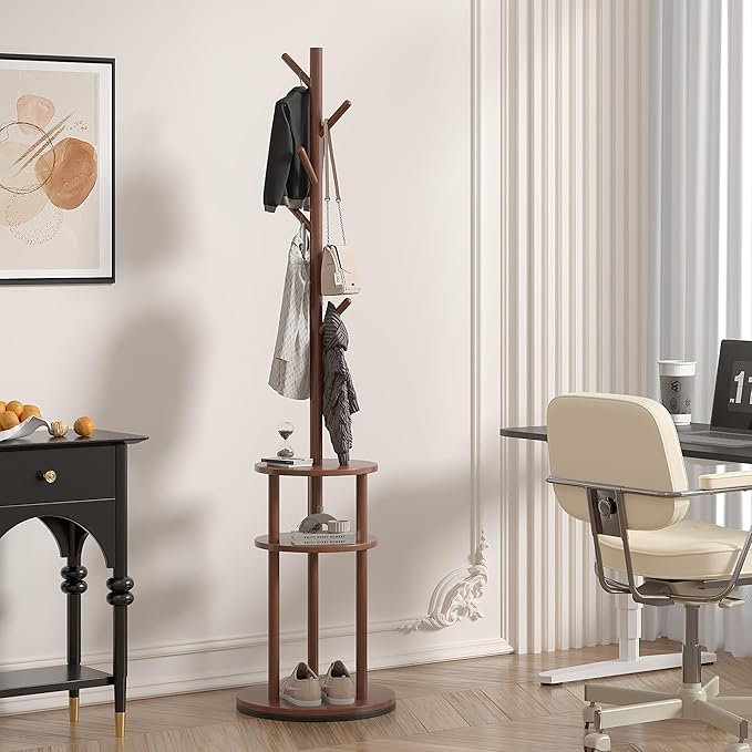 VECELO Coat Rack Freestanding, Entryway Hanger Stand, Umbrella Holder, Hall Tree With Hooks, Floor Standing Metal Tree Stand,Walnut