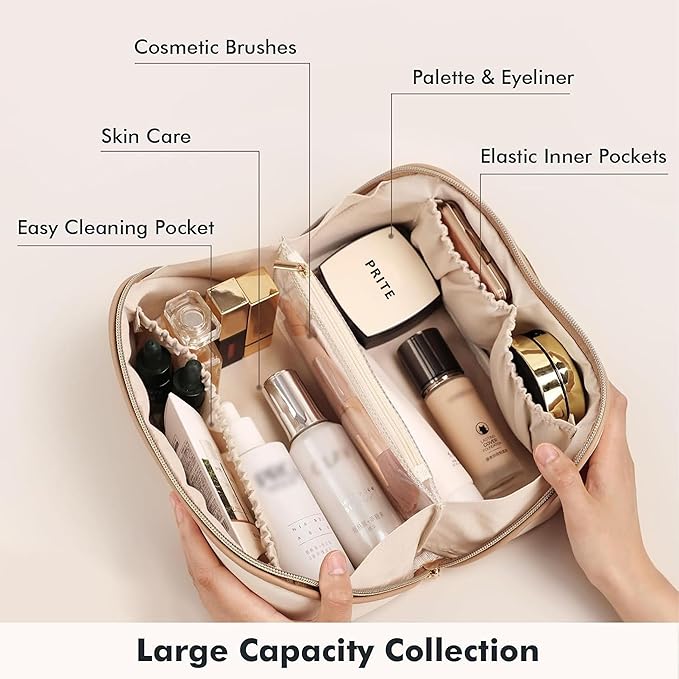 Prite Makeup Bag for Women Travel Waterproof Vegan Leather Cosmetic Bag Open Flat Toiletry Bag With Clear Divider and Handle (Beige, Large)