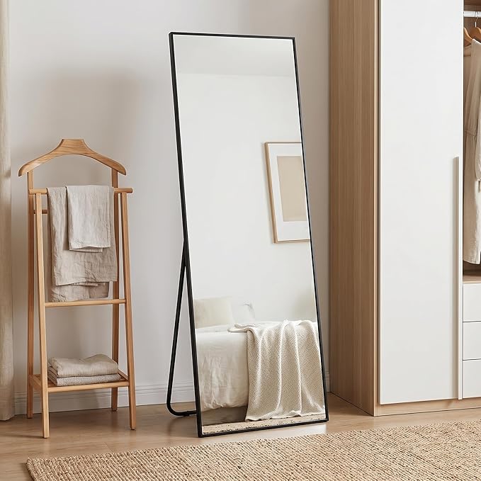 BEAUTYPEAK Full Length Mirror, 57"x18" Standing Hanging or Leaning Against Wall Floor Mirrors Body Dressing Wall-Mounted for Living Room, Bedroom with Aluminum Alloy Thin Frame, Black
