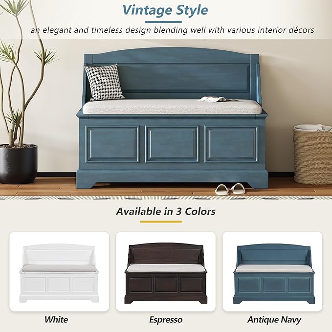 LUMISOL Shoe Storage Bench with Cushion, 41.7” Farmhouse Entryway Bench with Soft-Close Devices and Hidden Storage, Upholstered Storage Ottoman for Living Room, Entryway, Bedroom, Antique Navy