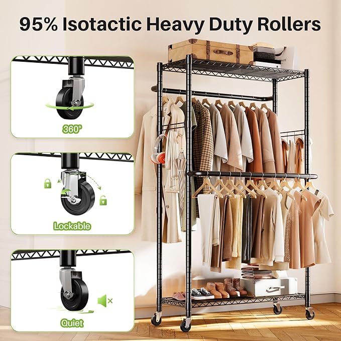 HOKEEPER Clothes Racks 400 LBS Heavy Duty Clothing Racks for Hanging Clothes Adjustable Coat Rack with Wheels & Hooks Freestanding Wire Garment Rack Portable Closet Wardrobe 74.8''H*38.2" W