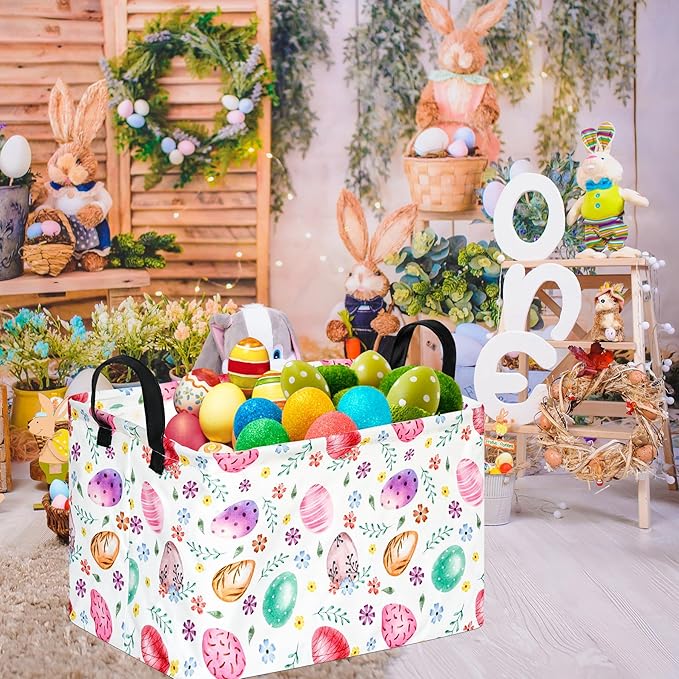 Rectangular Easter Basket Storage Bin for Shelves Cute Gifts Baskets Foldable Box with Handles for Boy and Girl Home Office Car Dormroom Easter Party Supplies