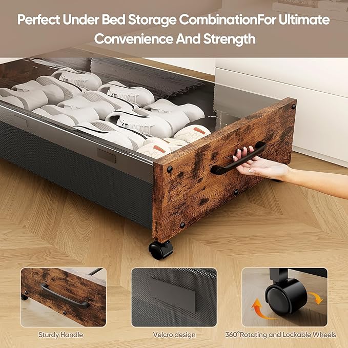 Under Bed Storage with Wheels, 2 Packs Wooden Storage Containers Extra Large Underbed Shoes Organizer, Rolling Under Bed Storage Drawers with Clear Lid, Heavy Duty for Clothes Toys 36"L (Vintage)