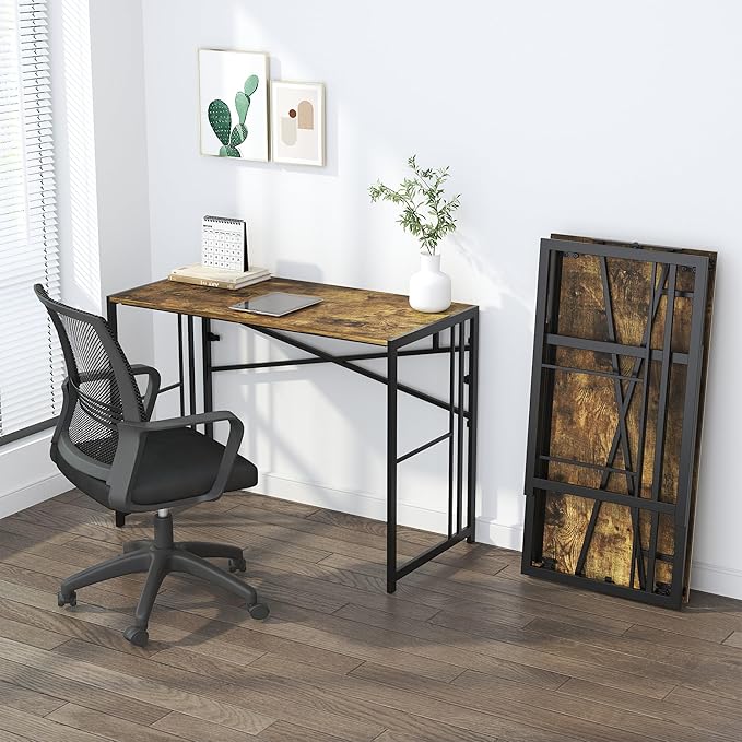 Lutown-Teen 40 inch Folding Computer Desk, Writing Gaming Computer Camping Desk, No Assembly Required Home Office Table, Rustic Brown