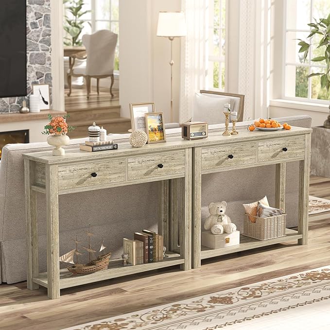 Homieasy Farmhouse Console Table with 2 Drawers, 32 Inch Small Sofa Table with Storage Shelf for Living Room, Behind Couch, Entryway Table for Hallway, Living Room, or Foyer, Light Rustic Oak