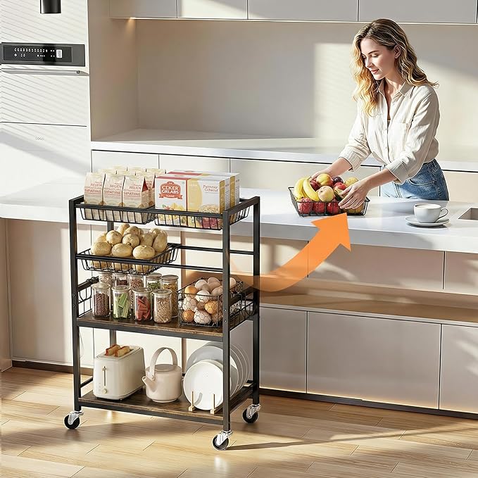 Fruit Vegetable Storage Cart, 4-Tier Rolling Kitchen Storage Cart, Fruit & Vegetables Basket Stand, Snack Organizer Shelf Unit for Kitchen, Bathroom, Living Room, Office, Balcony, Black