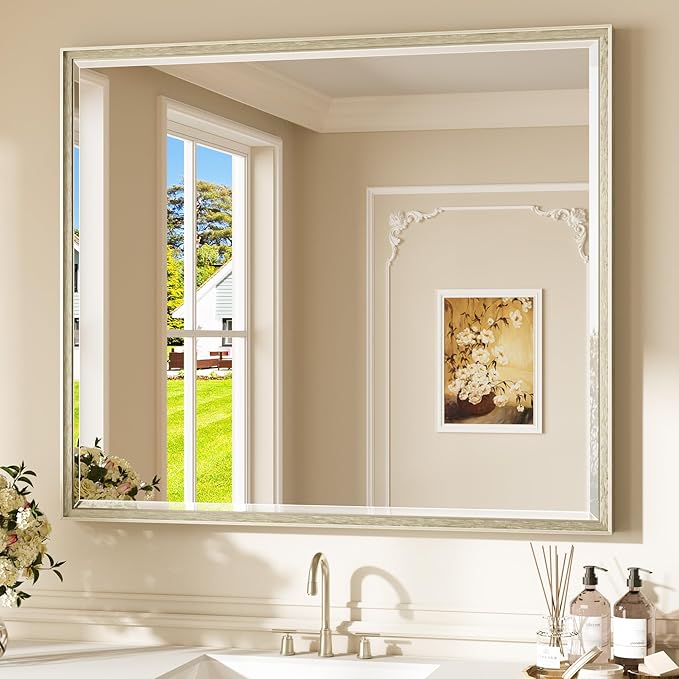 Keonjinn 42" x 36" Brushed Nickel Bathroom Vanity Mirror, Large Silver Bathroom Mirrors for Wall, Wide Metal Frame, HD Tempered Glass, Shatterproof, Rectangle Wall-Mounted Mirrors for Over Sink