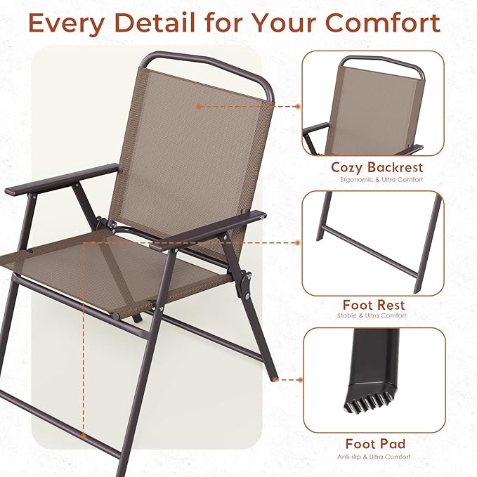 TLSUNNY Patio Folding Chairs Set of 4, Portable Dining Lawn Chairs, Outdoor Folded Furniture W/Breathable Textilene & Steel Frame, Armrests & Crossbar, All Weather for Pool, Camping (4, Brown)