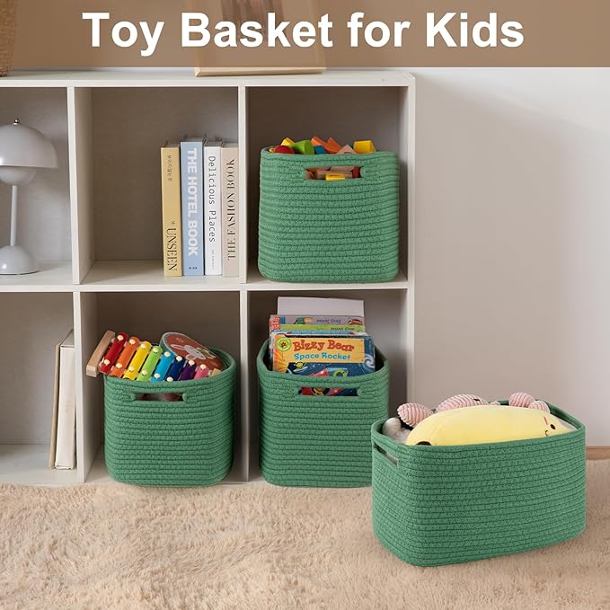 OIASKET Storage Baskets for Organizing, Woven Decorative Baskets for Shelves - Books, Towels, and Clothes, Cotton Rope Toy Storage Bins, 12.7''Lx9''Wx7.8''H, Pack of 4, Green