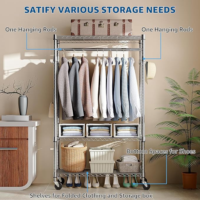 M MZG Heavy Duty Rolling Garment Rack 3 Tiers Adjustable Wire Shelving Clothes Rack with Rods and Side Hooks,Storage Closet Clothing Rack with Wheels Chrome 15.7" D x 29.5" W x 74.5" H