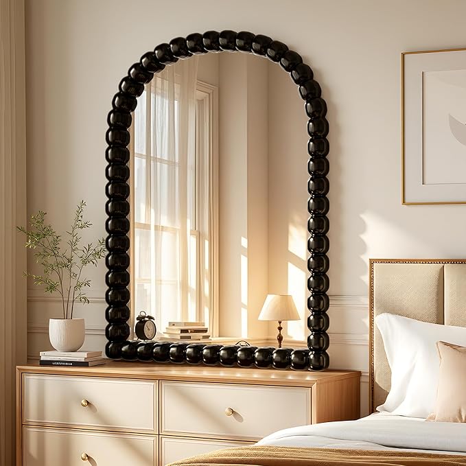 30"×38" Black Arched Bathroom Vanity Mirror, Vintage Beaded Decorative Wall Mounted Makeup Mirror, as Wall Decor Hanging Leaning for Fireplace Mantle, Living Room, Bedroom, Vanity Area