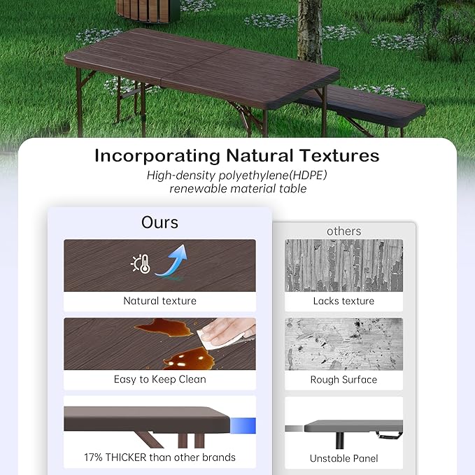 VSOAEIL Folding Table 4 Foot for Indoor Outdoor, Portable Heavy Duty Fold-in-Half Utility Small Plastic Adjustable Height Folding with Carrying Handle for Picnic Camping and Party, Brown