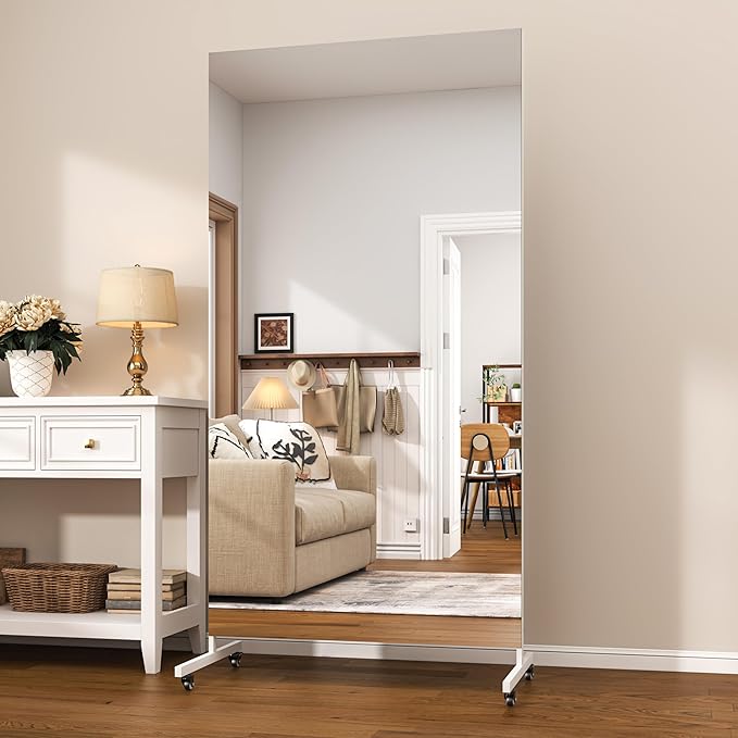 Hasipu Extra Large Full Length Floor Mirror with Wheels, 65" x 22" Rolling Portable Gym & Dance Studio Home Gym Mirror, White