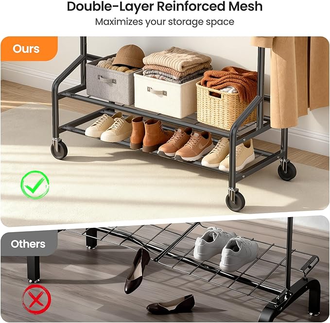 Heavy Duty Clothes Rack, Rolling Clothing Rack Load 650 LBS for Hanging Clothes with 2 Sturdy Shelves, Metal Garment Rack with Wheels for Bedroom, Laundry Room, Retail Store, Black