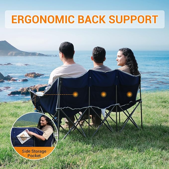 KingCamp 3 Person Camping Chair, Oversized 1100lbs Heavy Duty Loveseat for Adults Portable Folding XL 2 Person Couch Padded Comfortable Three Seat with Cup Holder for Outdoor Lawn, Khaki/Coffee