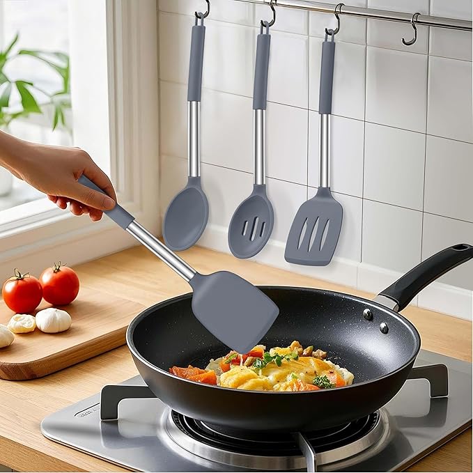 LIANYU Silicone Cooking Utensil Set, 4Pcs Heat Resistant Kitchen Utensils Set, Non-stick Stainless Steel Handle Spatula Tools, Dishwasher Safe, Grey