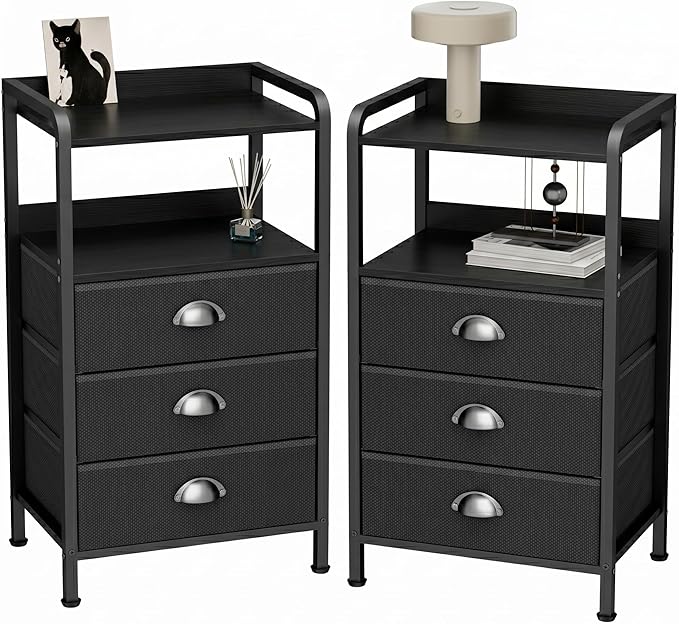 Night Stand Set 2, Nightstand with 3 Fabric Drawers and 2-Tier Shelf, Small Dresser Organizer, Bedside Table with Storage, End Table for Bedroom, Steel Frame, Wood Top, Black