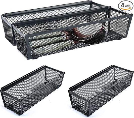 4PCS Drawer Organizer for Kitchen,Utensil Mesh Drawer Organizer with Interlocking Arm for Cosmetic,Flatware,Pen (9 * 3 * 2 Inches,Black)