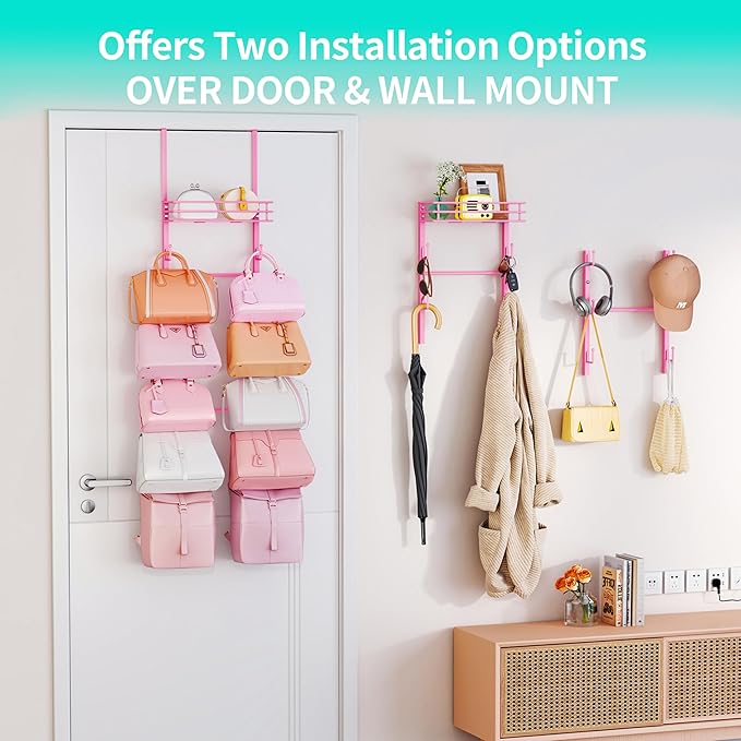 HapiRm Over the Door Purse Organizer - Wall Mounted Purse Rack with 10 Hooks and Metal Basket, Hanging Handbag Organizer Holds up to 10 Bags, Bag Rack Can Use As 1/2 Part, for Door, Closet (Pink)