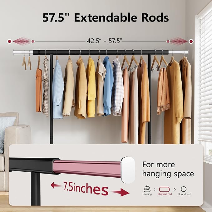 Tajsoon Clothing Rack Load 350 LBS, Metal Clothes Rack with Double Layer Shelves, Adjustable Garment Rack for Hanging Clothes, Heavy Duty Portable Rolling Rack, Black