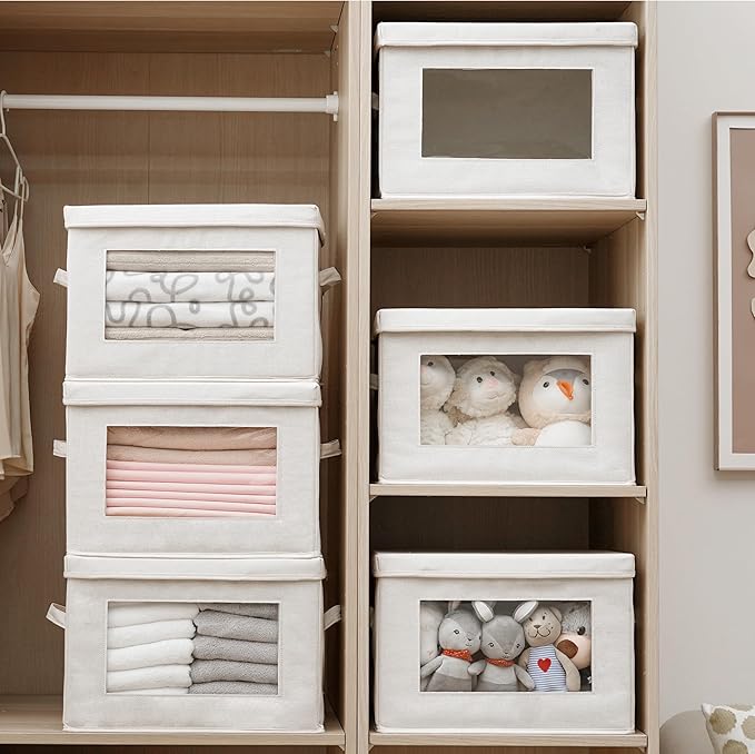 4-Pack Storage Bins with Lids, Fabric Foldable Storage Bins with Soft Cord Handles, Cube Closet Storage Baskets with Lids, Organizers for Organizing Clothes and Books, Beige