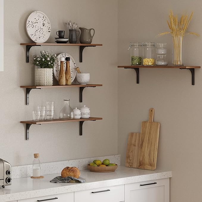 DINZI LVJ Long Wall Shelves, 31.5Inch Wall Mounted Shelves Set of 4, Extra Large Floating Storage Ledges with Sturdy Metal Brackets for Living Room, Bathroom, Bedroom, Kitchen, Rustic Brown