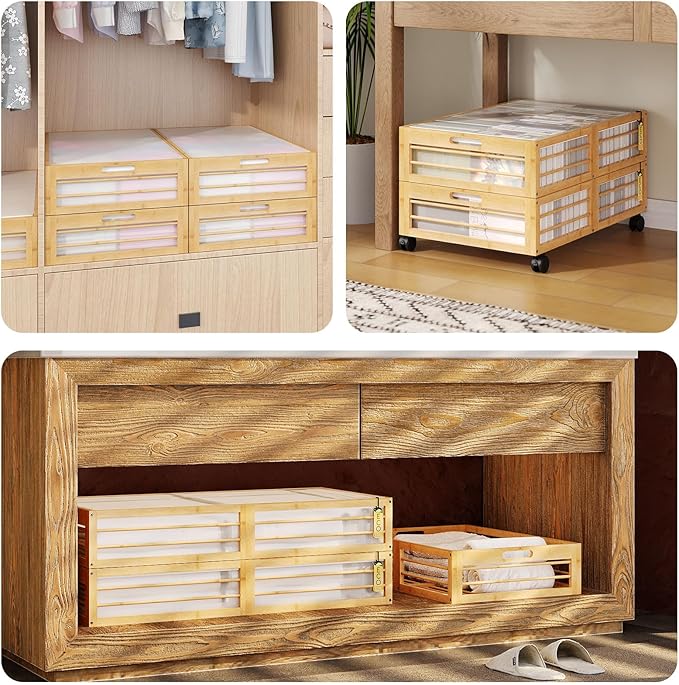 Bamboo Underbed Storage Containers with Wheels & Bag, Large Under Bed Rolling Storage Bins Wood Under Bed Clothes Storage Stackable Drawers for Bedroom Closet Under Crib Toy(Natural)