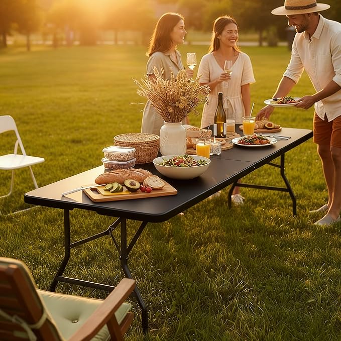 Folding Table 8FT Portable Heavy Duty Plastic Table with Carrying Handle Fold-in-Half Utility Foldable Tables for Parties Wedding Events Dining Indoor Outdoor Picnic (Black)