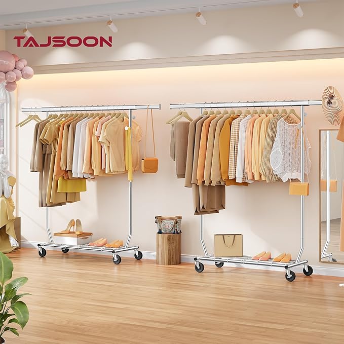 Tajsoon Clothes Rack Heavy Duty Load 350 LBS, 73.8' Extendable & Adjustable Collapsible Clothing Rack for Hanging Clothes, Rolling Garment Rack with Lockable Wheels for Bedroom, Plating Chrome