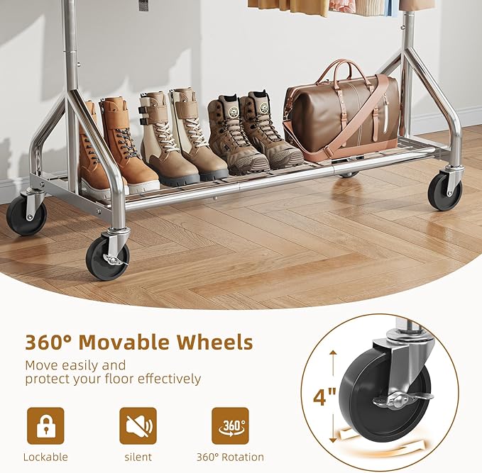 Simple Trending Heavy Duty Clothes Rack Load 450 LBS, Clothing Rack for Hanging Clothes, Garment Rack with Wheels & Shelves, for the Bedroom, Laundry Room