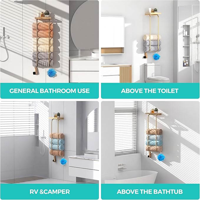 31" Towel Racks for Bathroom, Heavy-Duty Stainless Steel Holds 6 Large Rolled Towels,Wall Mounted Towel Holder with Shelf & Hooks,Extra-Wide Opening Wall Storage for Small Bathroom, Brushed Gold